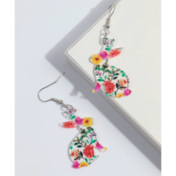 Acrylic Multicolored Bunny Dangle Earrings Easter Rabbit Spring Earrings - Picture 5 of 6